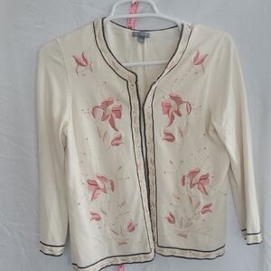 Ann Taylor 65% Silk Cream Blouse with Floral Embroidery and Hook Closure
